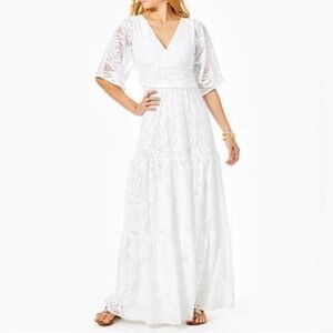 Lilly Pulitzer NWT Parigi Lace Maxi Dress Resort White Scalloped Shell Size L